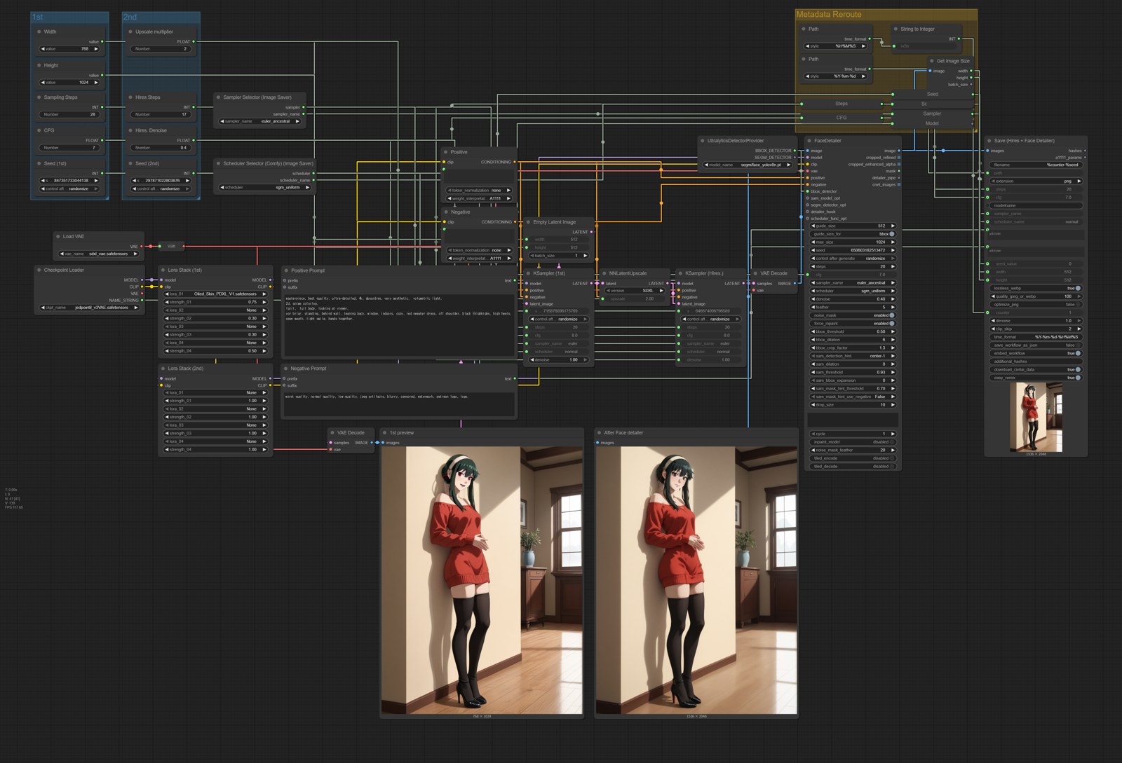 ComfyUI txt2img + latent hires.fix + face detailer Workflow for illustrious (SDXL)